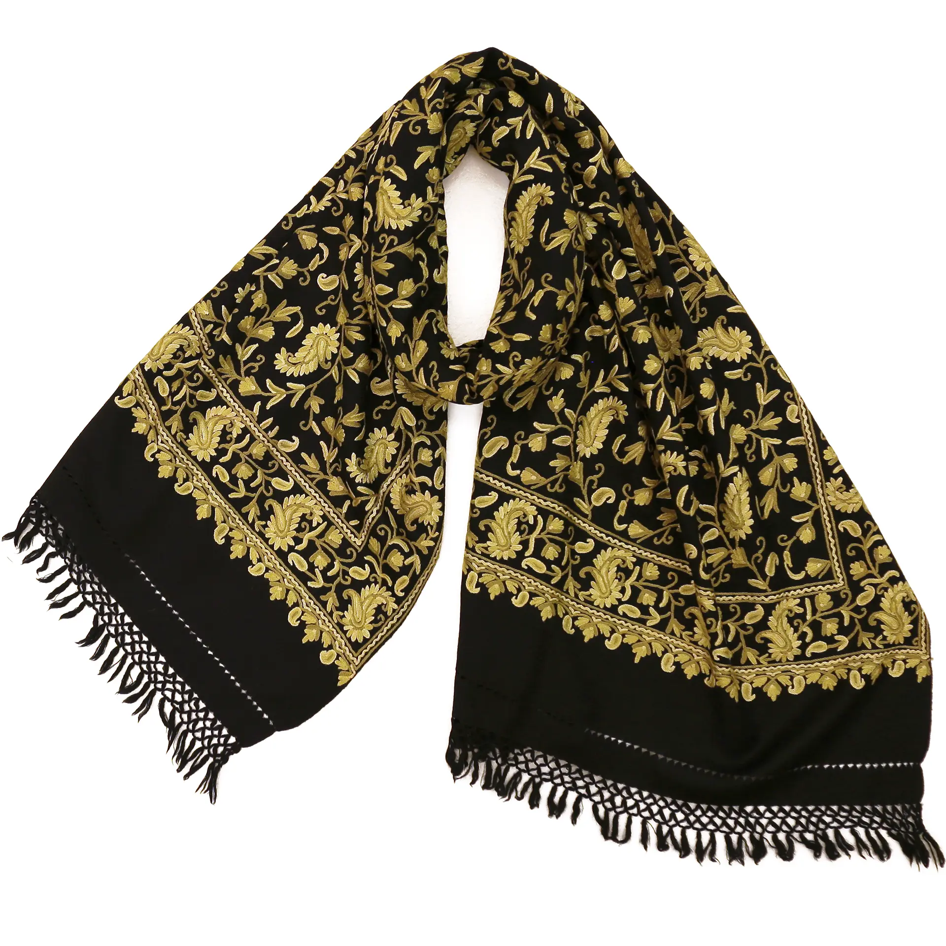 ウールストール/アーリ手刺繍/大判/ペイズリー柄/花柄/黒/金|ストール