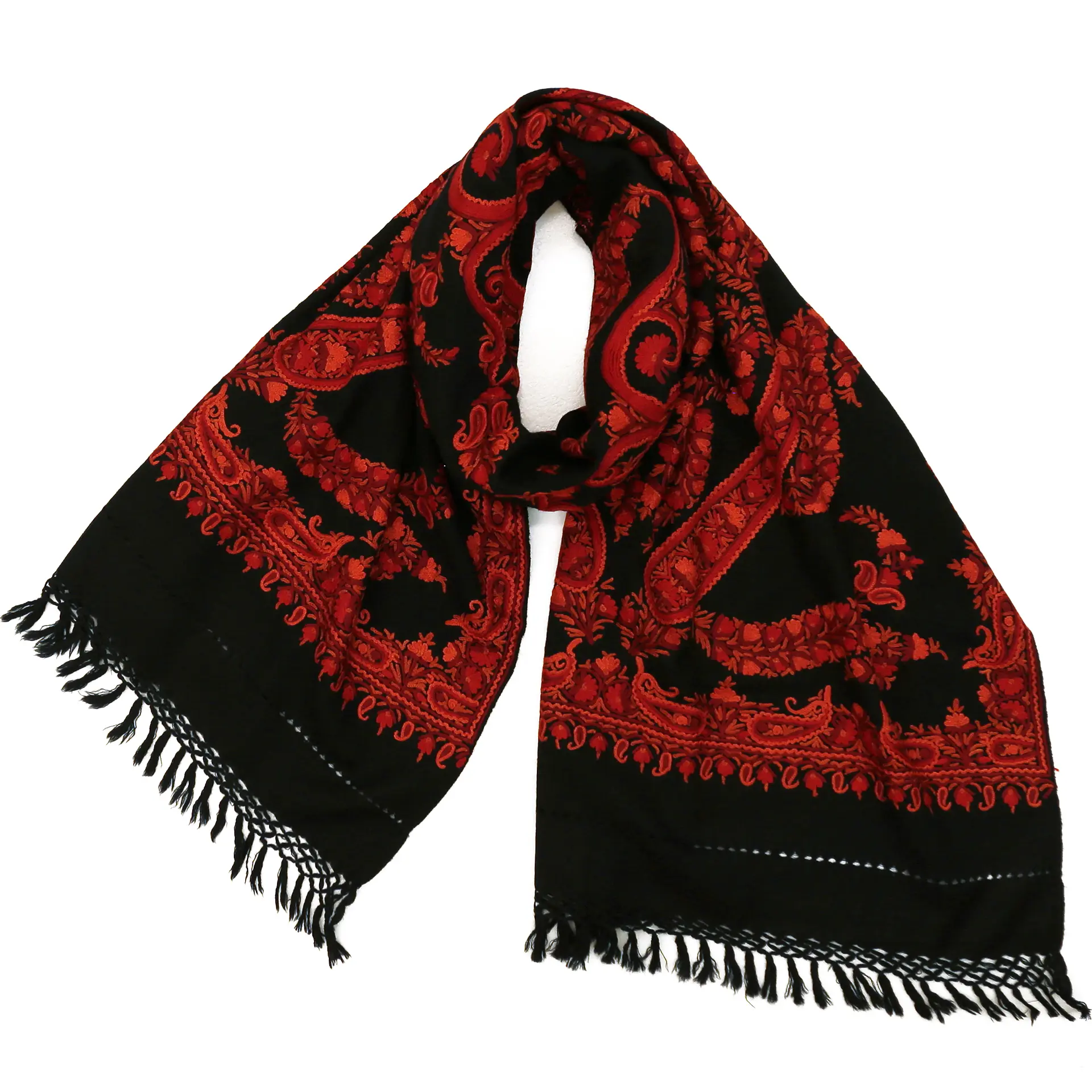ウールストール/アーリ手刺繍/大判/ペイズリー柄/黒/赤|ストール専門店