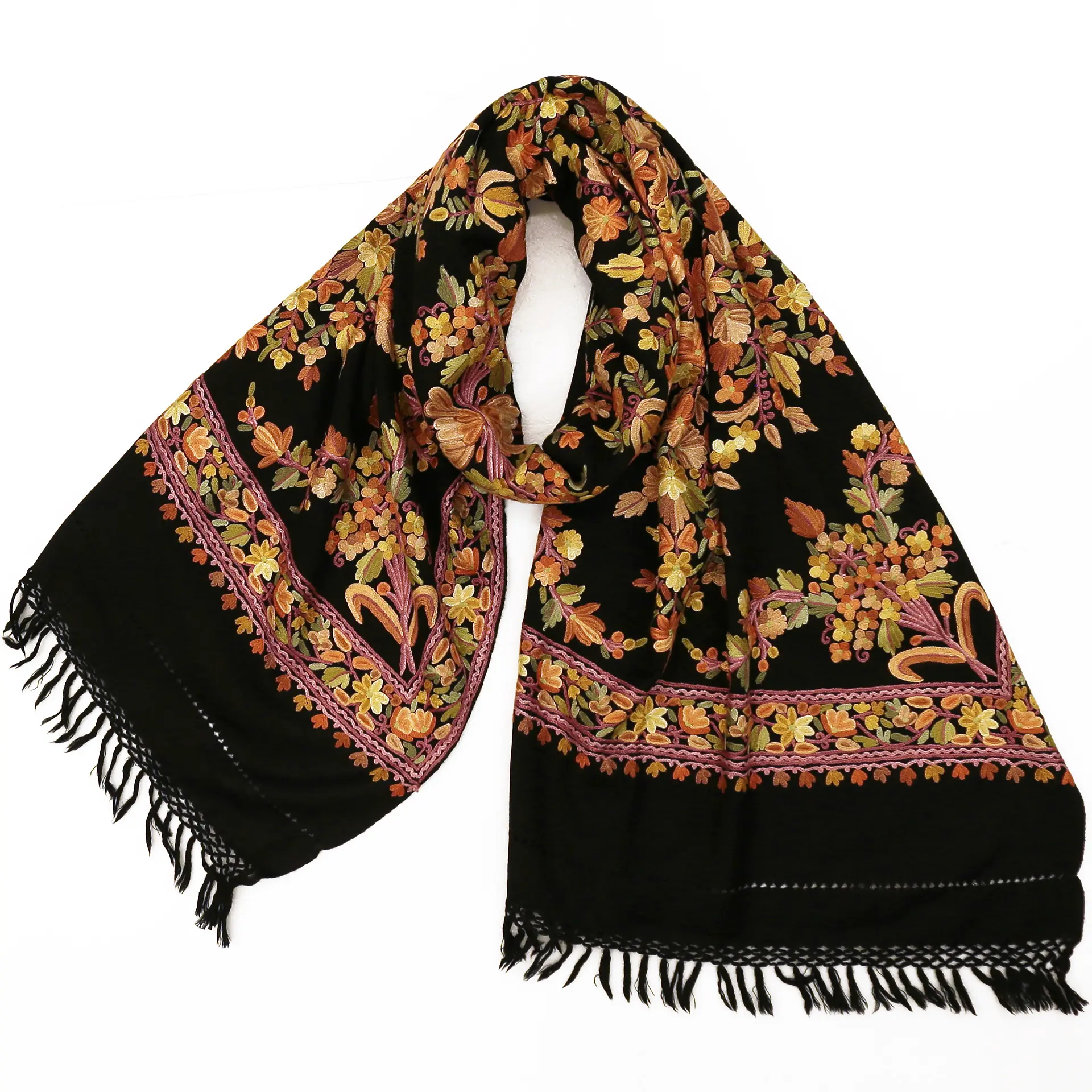 ウールストール/アーリ手刺繍/大判/ペイズリー柄/花柄/黒/金|ストール