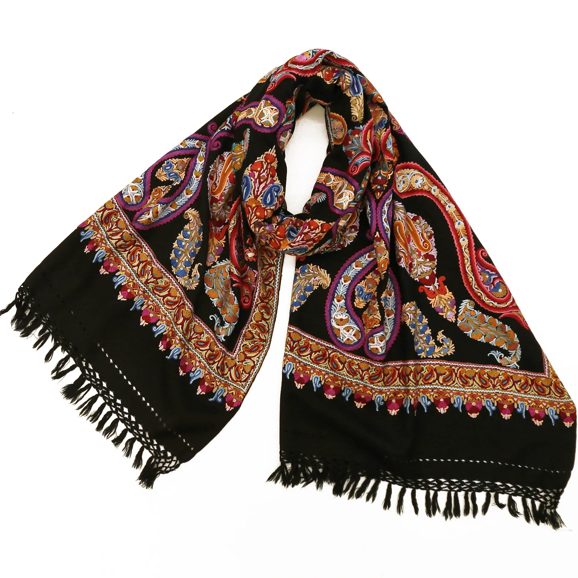 ウールストール/アーリ手刺繍/大判/ペイズリー柄/黒/多色|ストール専門