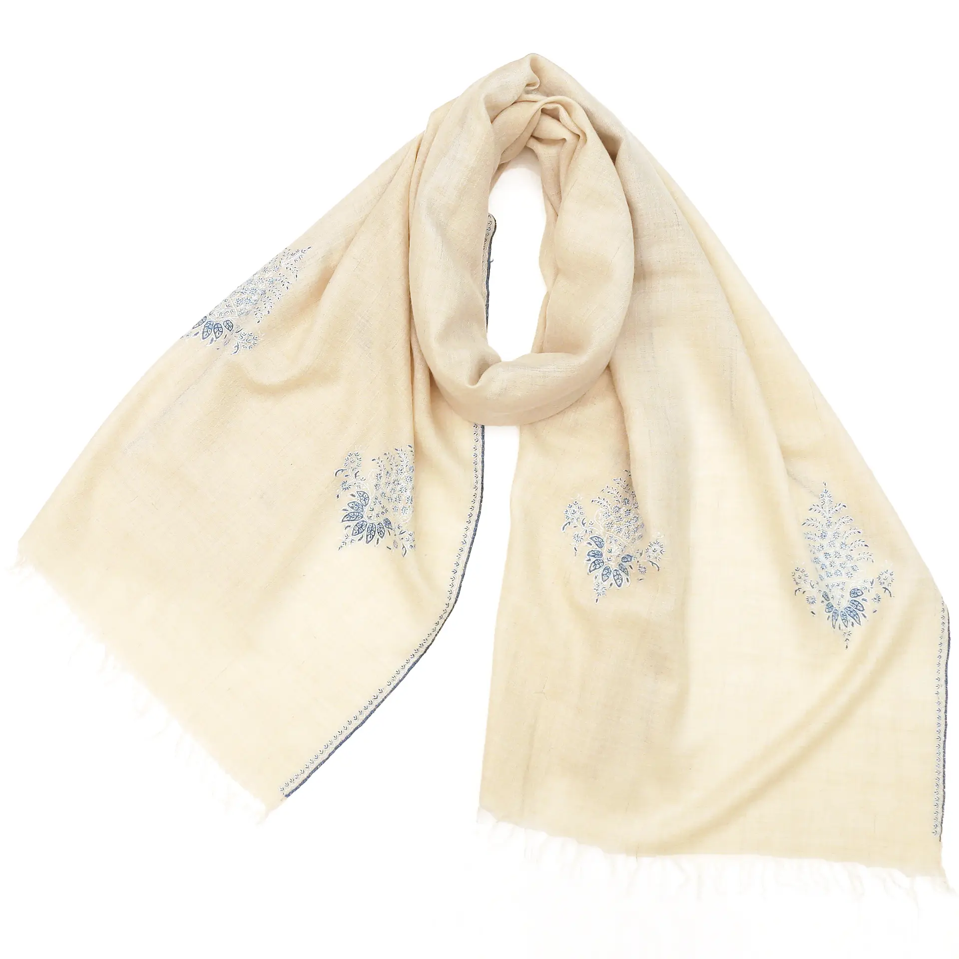 カシミヤ100%ストール/手織り・手刺繍/大判/白/青|ストール専門店