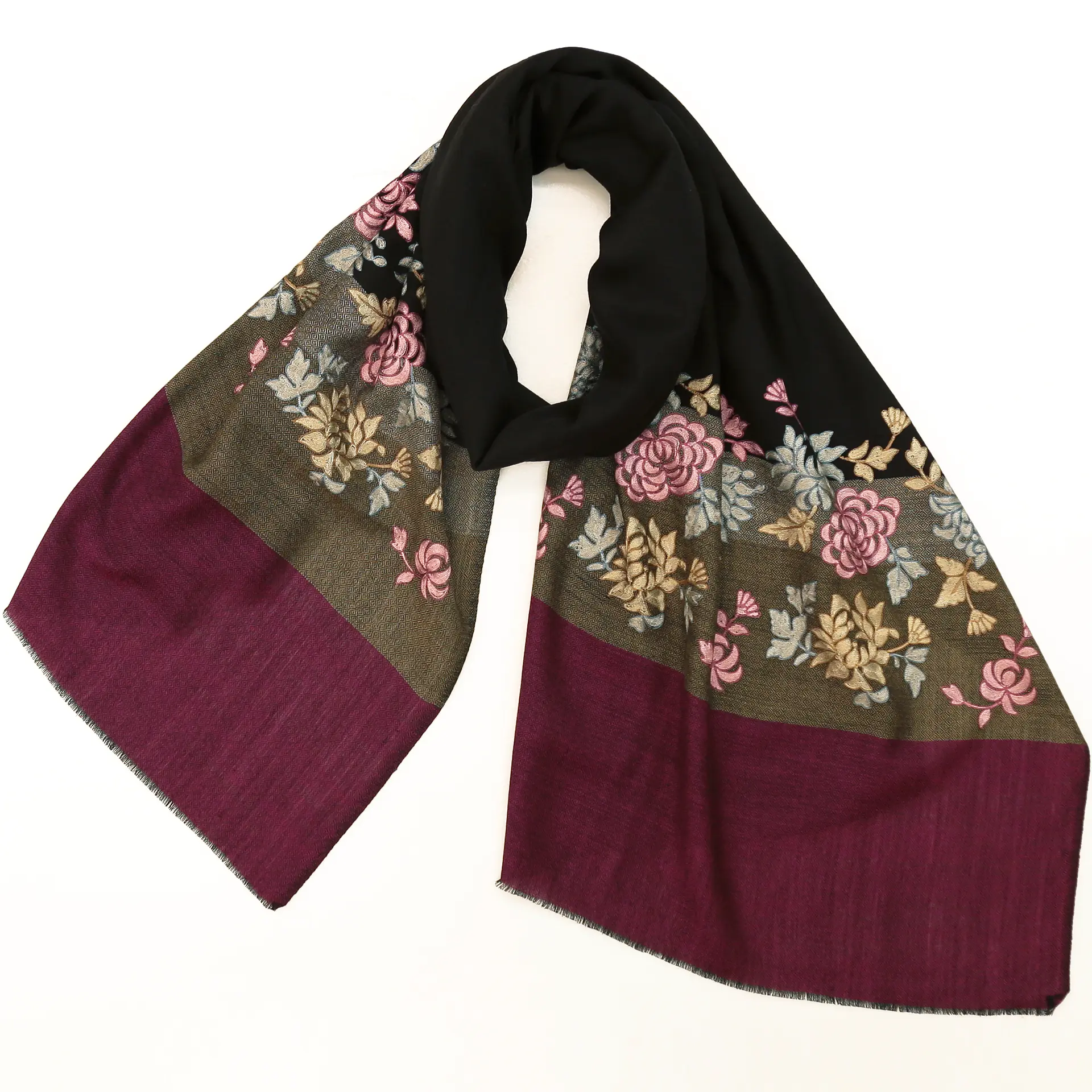 ウールストール/アーリ刺繍/大判/花柄/黒/紫/金|ストール専門店NaturalLounge