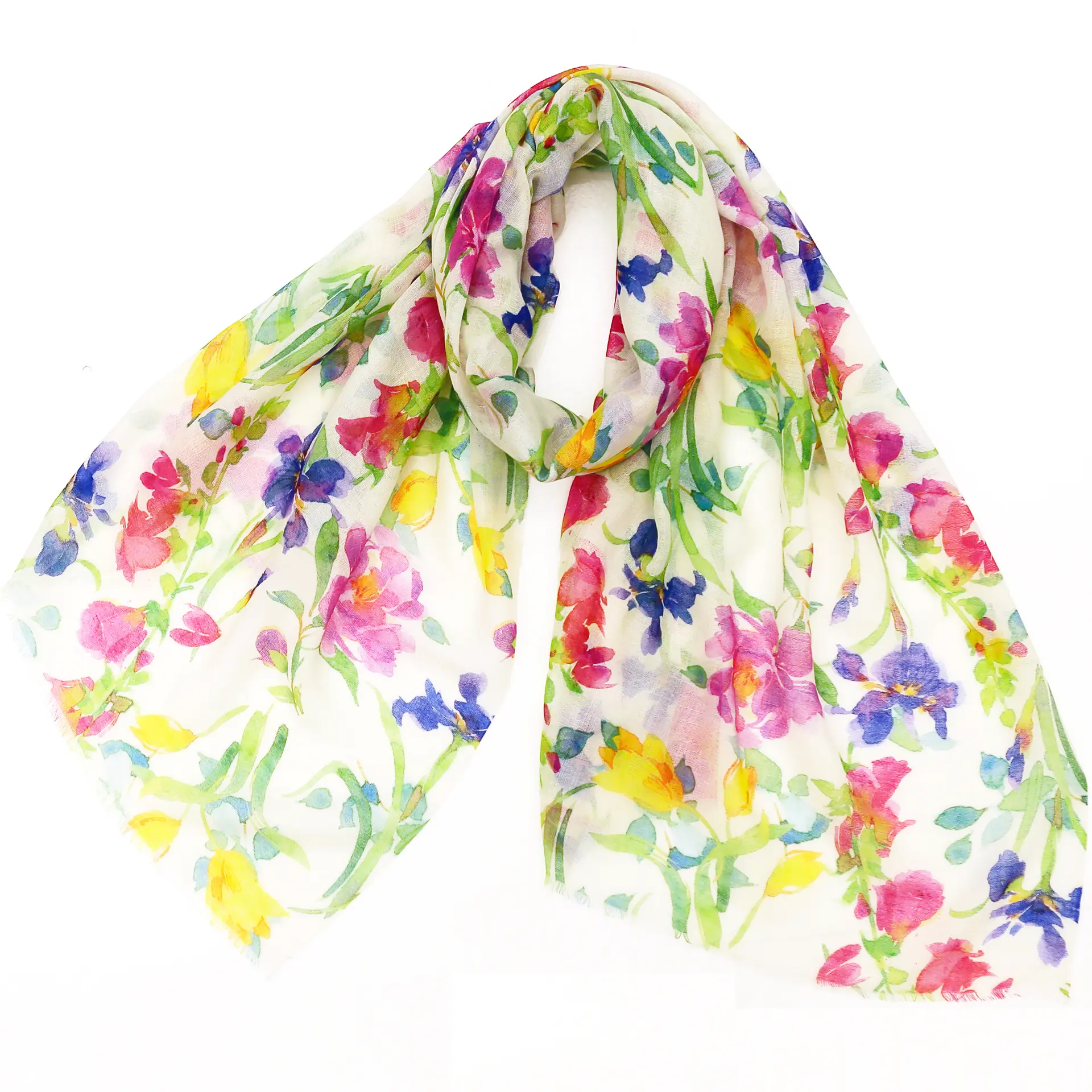 ウールシルクストール/大判/花柄/オフホワイト/マジェンタ/グリーン