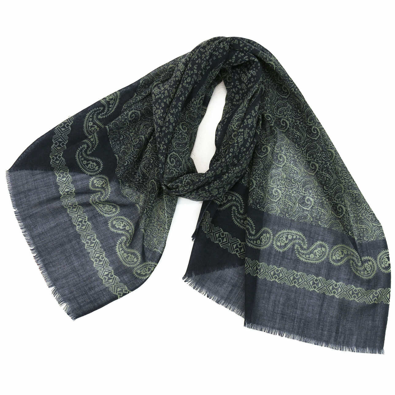 ウールシルクストール/大判/ペイズリー柄/濃紺/モスグリーン|ストール