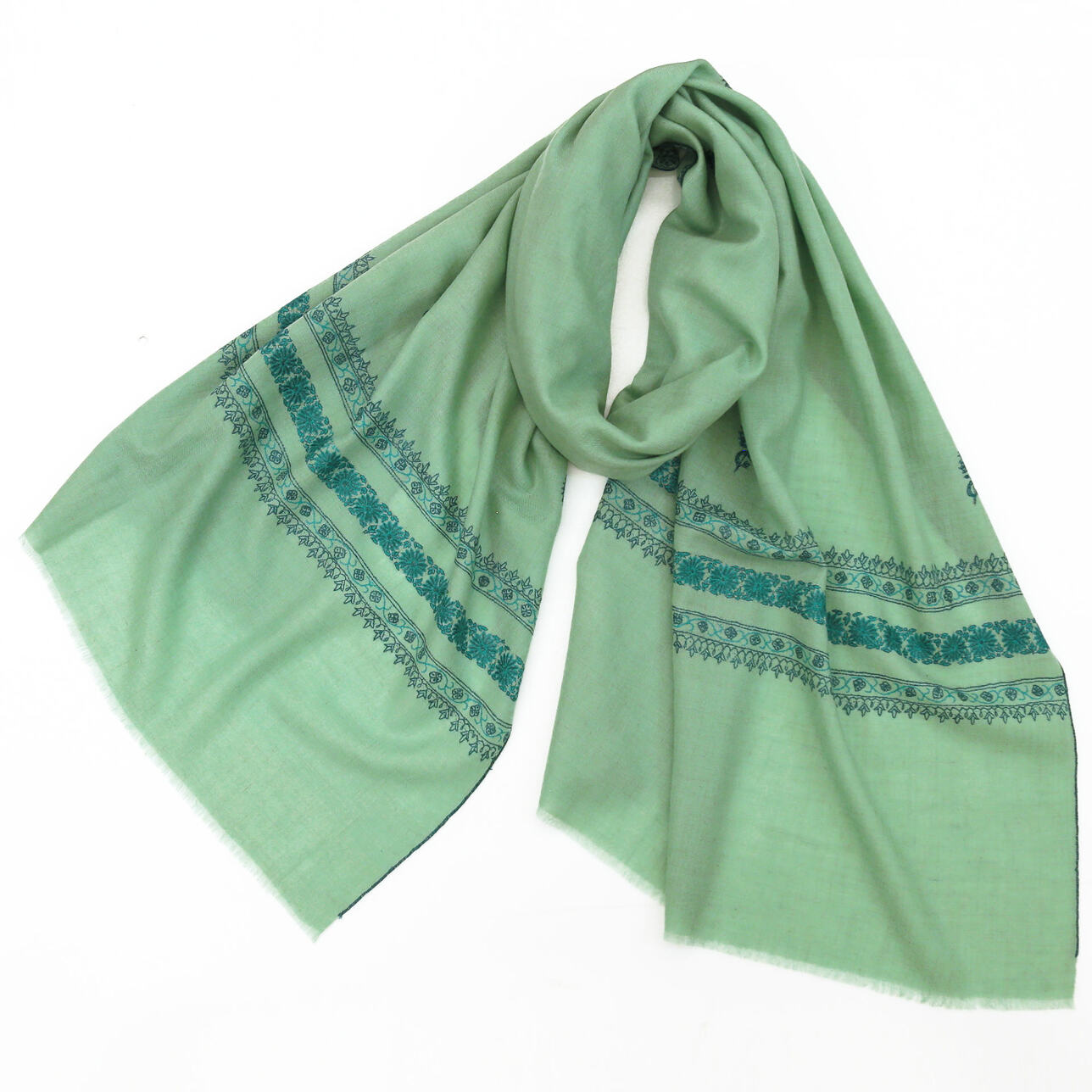 Natural Lounge ナチュラルラウンジ 未使用品 ストール専門店 カシミア 刺繍 定価20万円 ストール ブルーグリーン レディース【中古】5-1111T◎ Natural Lounge ナチュラルラウンジ 未使用品 ストール専門店 カシミア