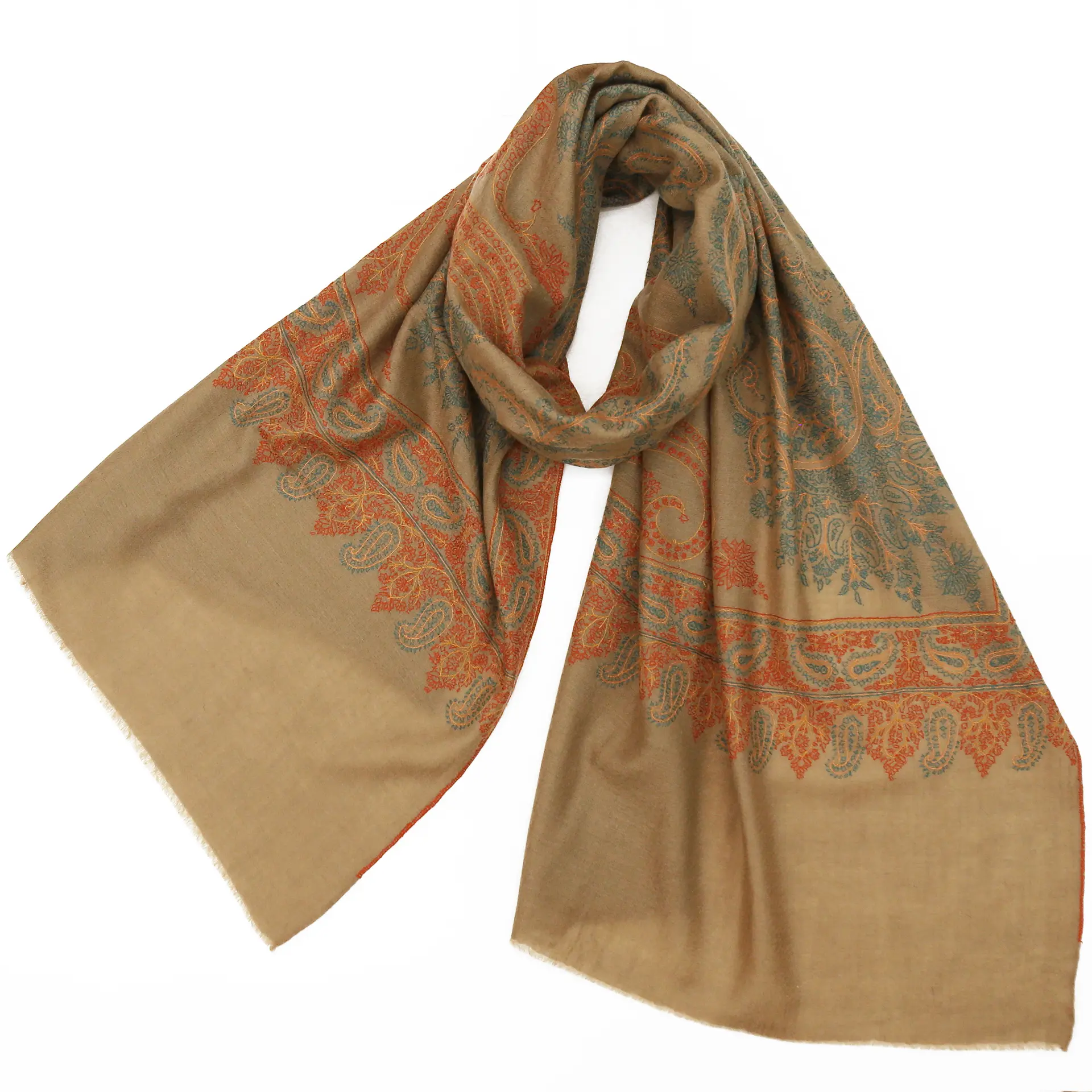 高級ストール　イタリア製　アルファベット刺繍　シルク製　コットン製 カシミヤ100%ストール/手織り・手刺繍/大判/茶色|ストール専門店