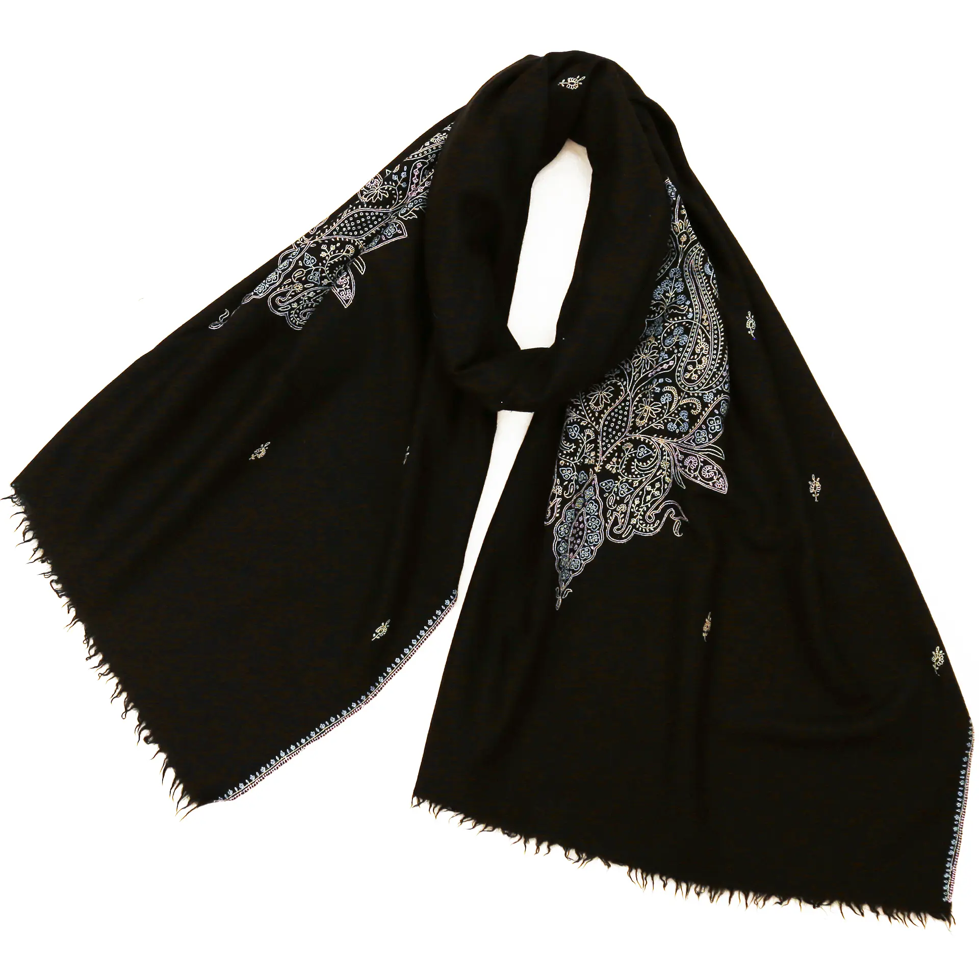 インド ヒマラヤ産 刺繍入り大判パシュミナ 黒 格好いい 