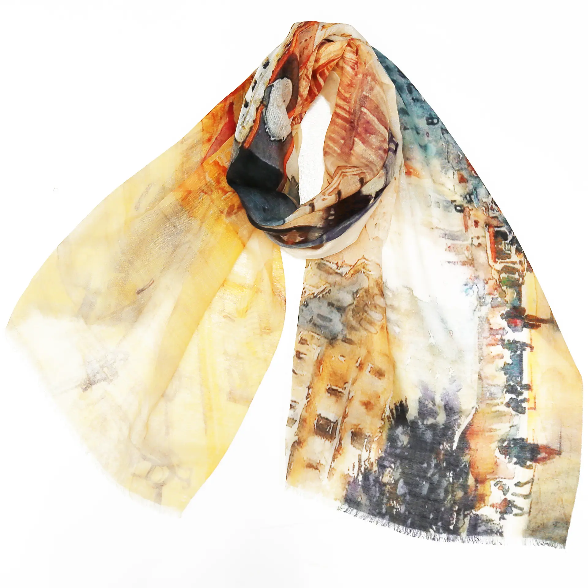 ウールシルクストール/大判/建物柄/ブロンド/生成り色/ブラウン