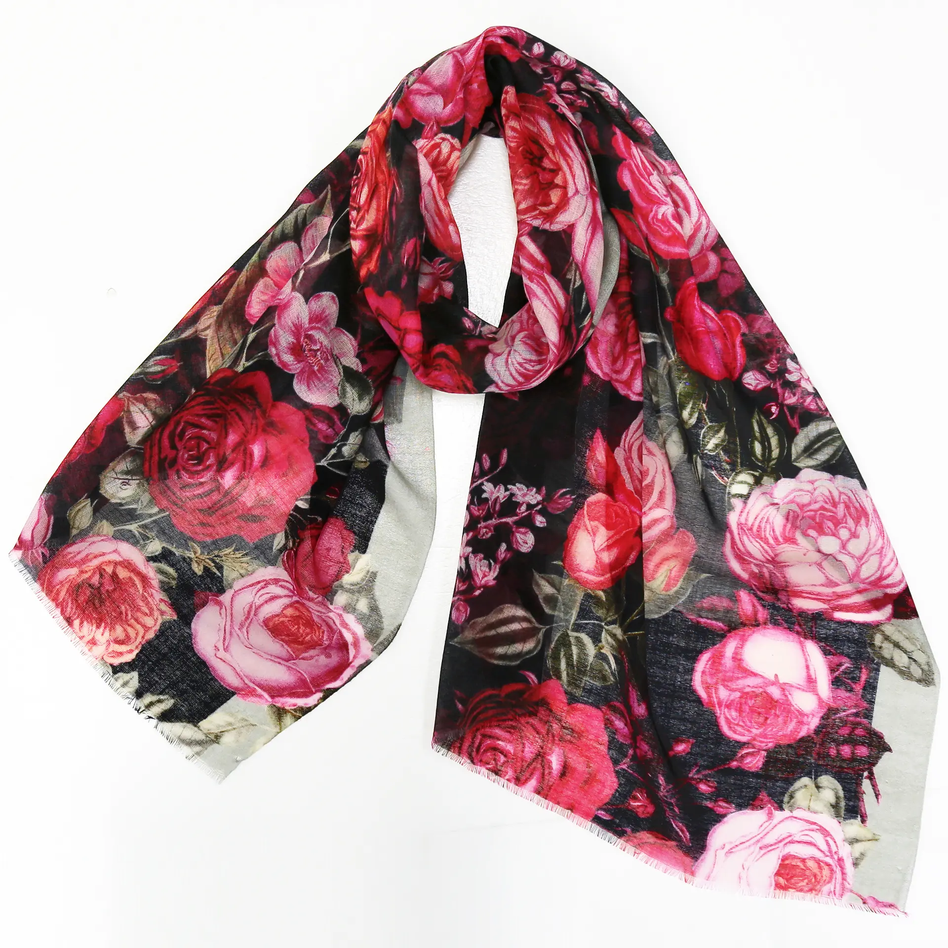 ウールシルクストール/大判/花柄/紅/ルビーレッド/ブラック|ストール