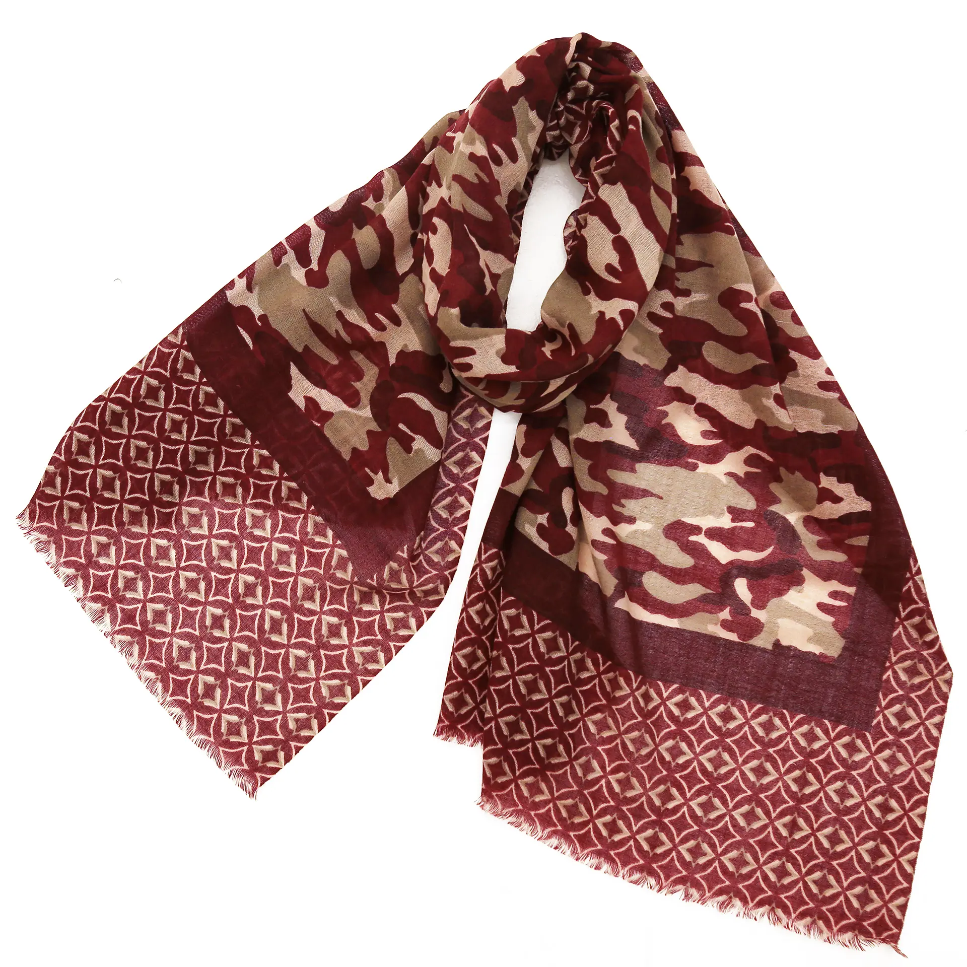 ウールシルクストール/大判/幾何学/レオパード柄/ワインレッド