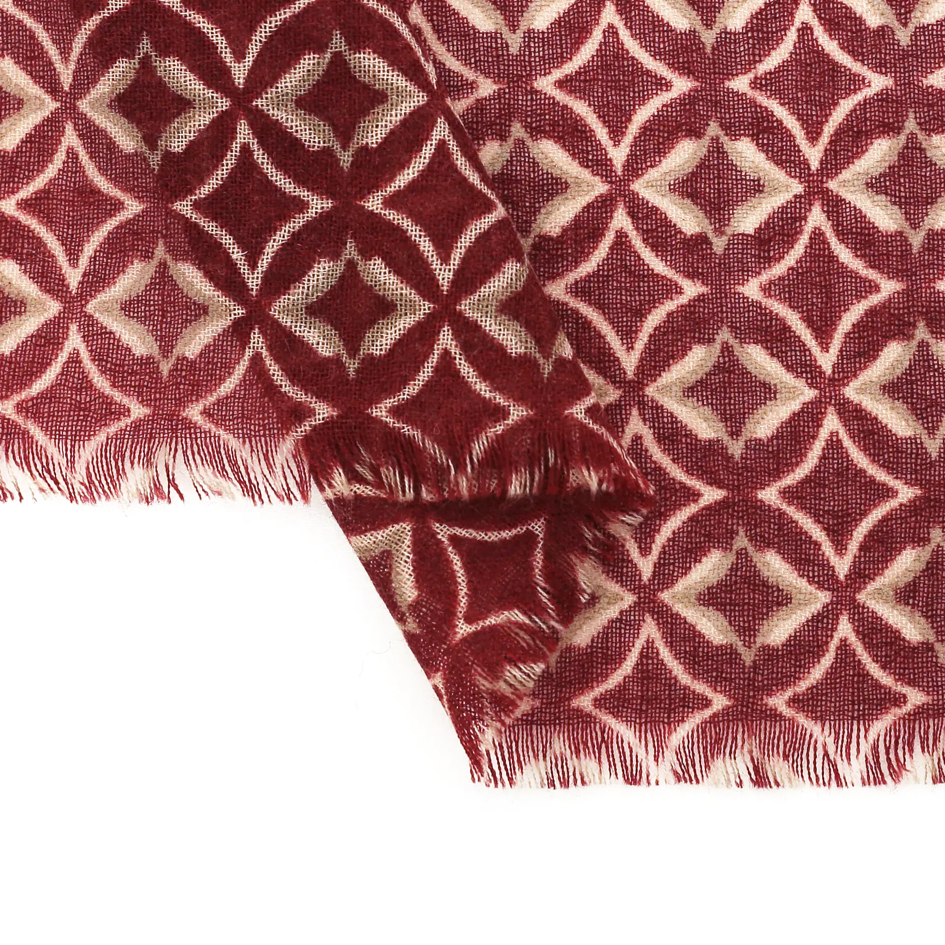 ウールシルクストール/大判/幾何学/レオパード柄/ワインレッド