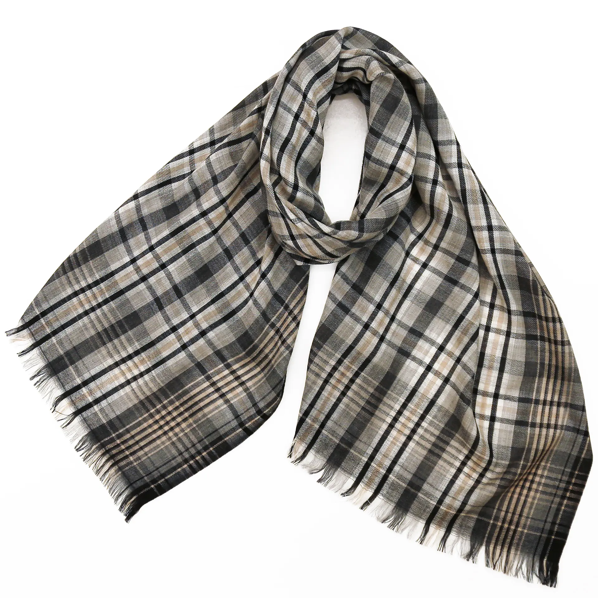 ウールシルクストール/大判/チェック/ボーダーストライプ/黒色/灰色