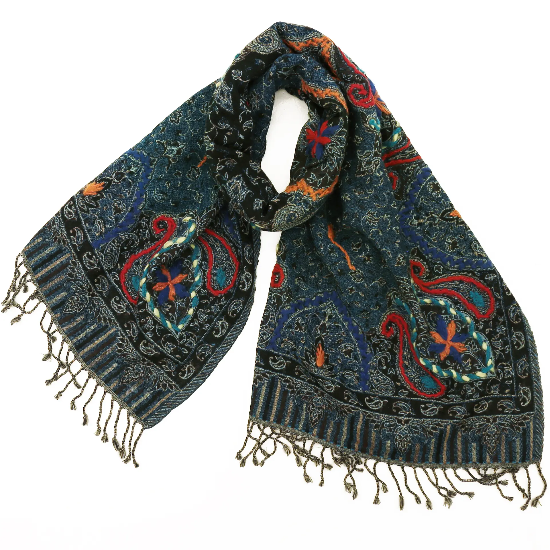 ウールストール/大判/厚手/刺繍/ペイズリー/紺|ストール専門店