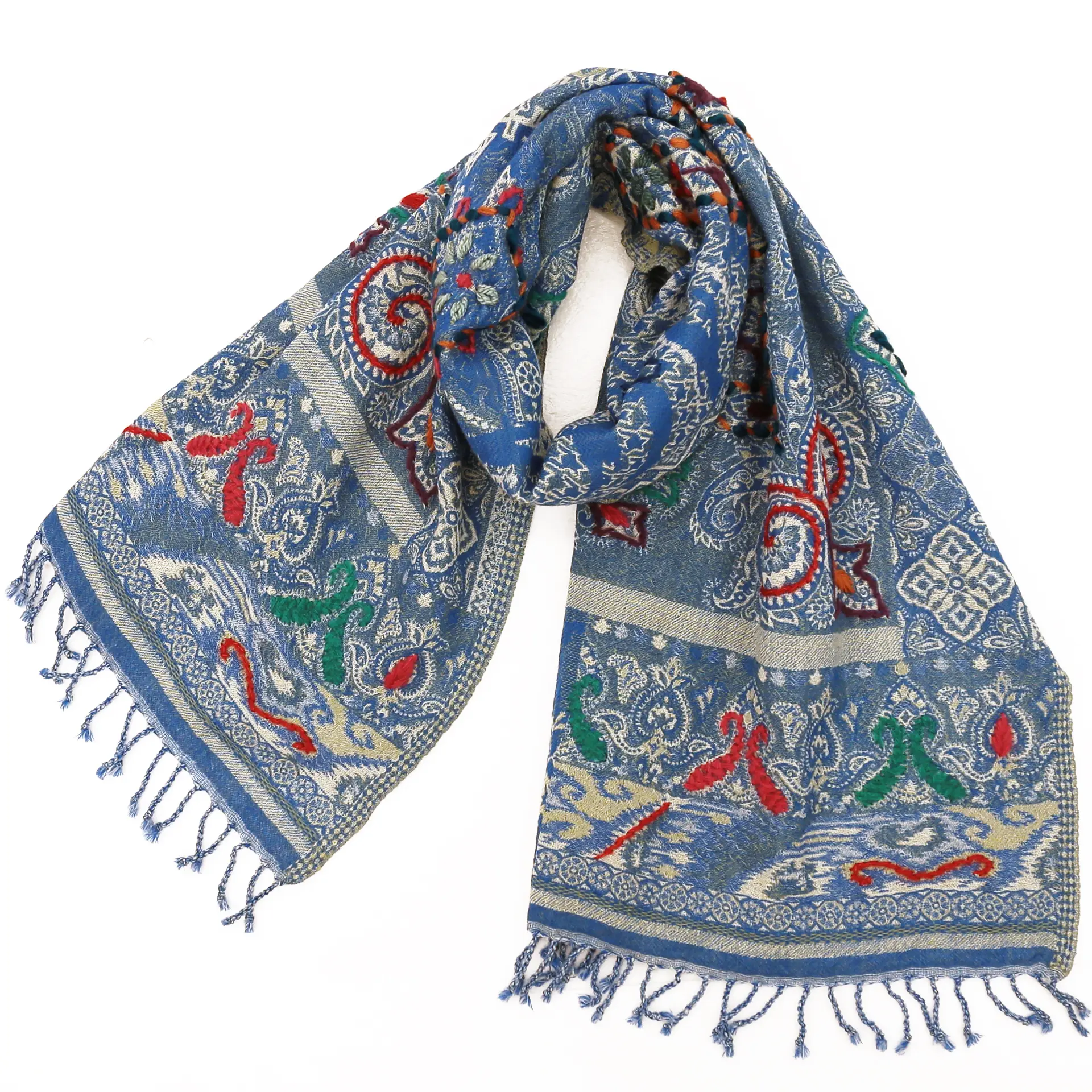 ウールストール/大判/厚手/刺繍/ペイズリー/青|ストール専門店