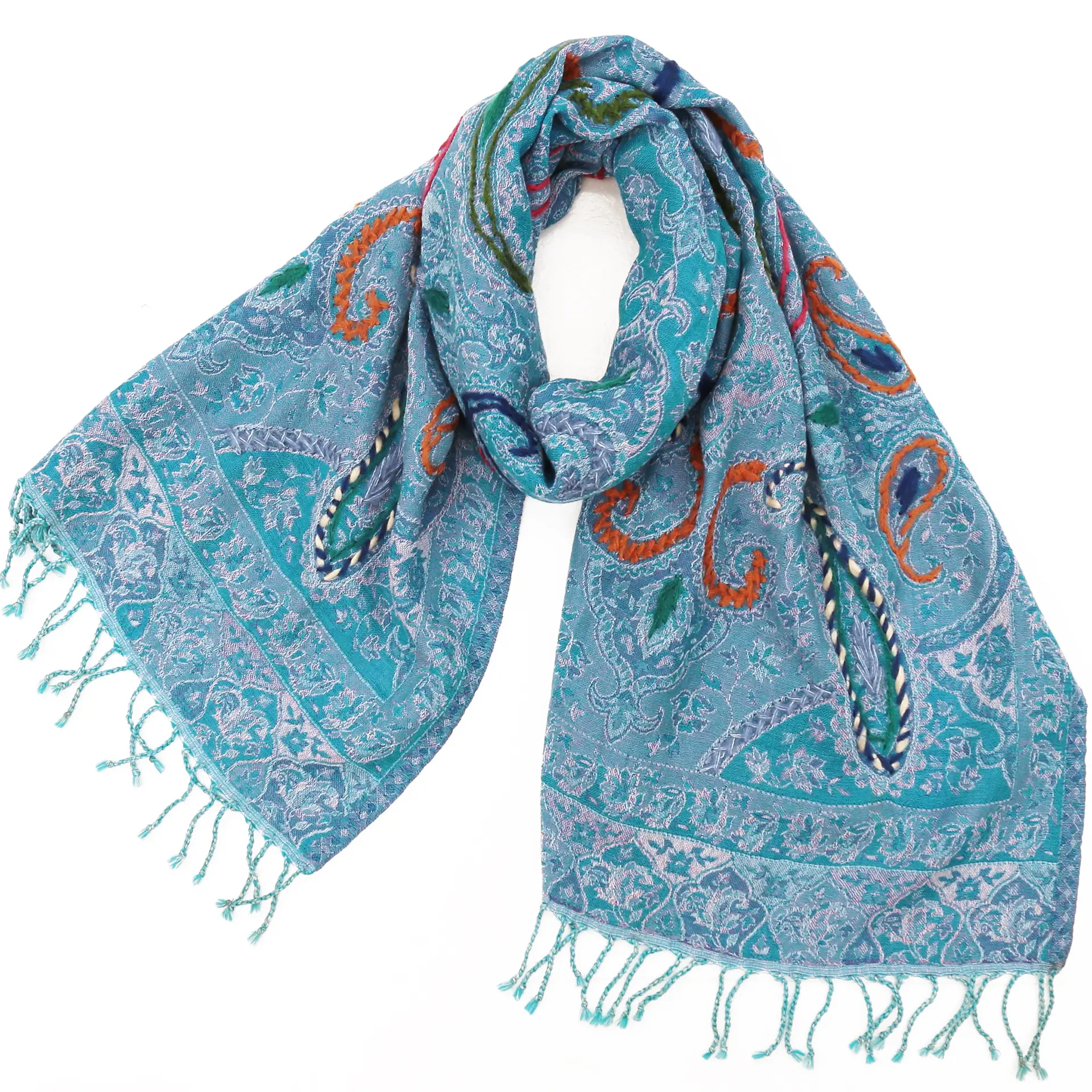 ウールストール/大判/厚手/刺繍/ペイズリー/青|ストール専門店