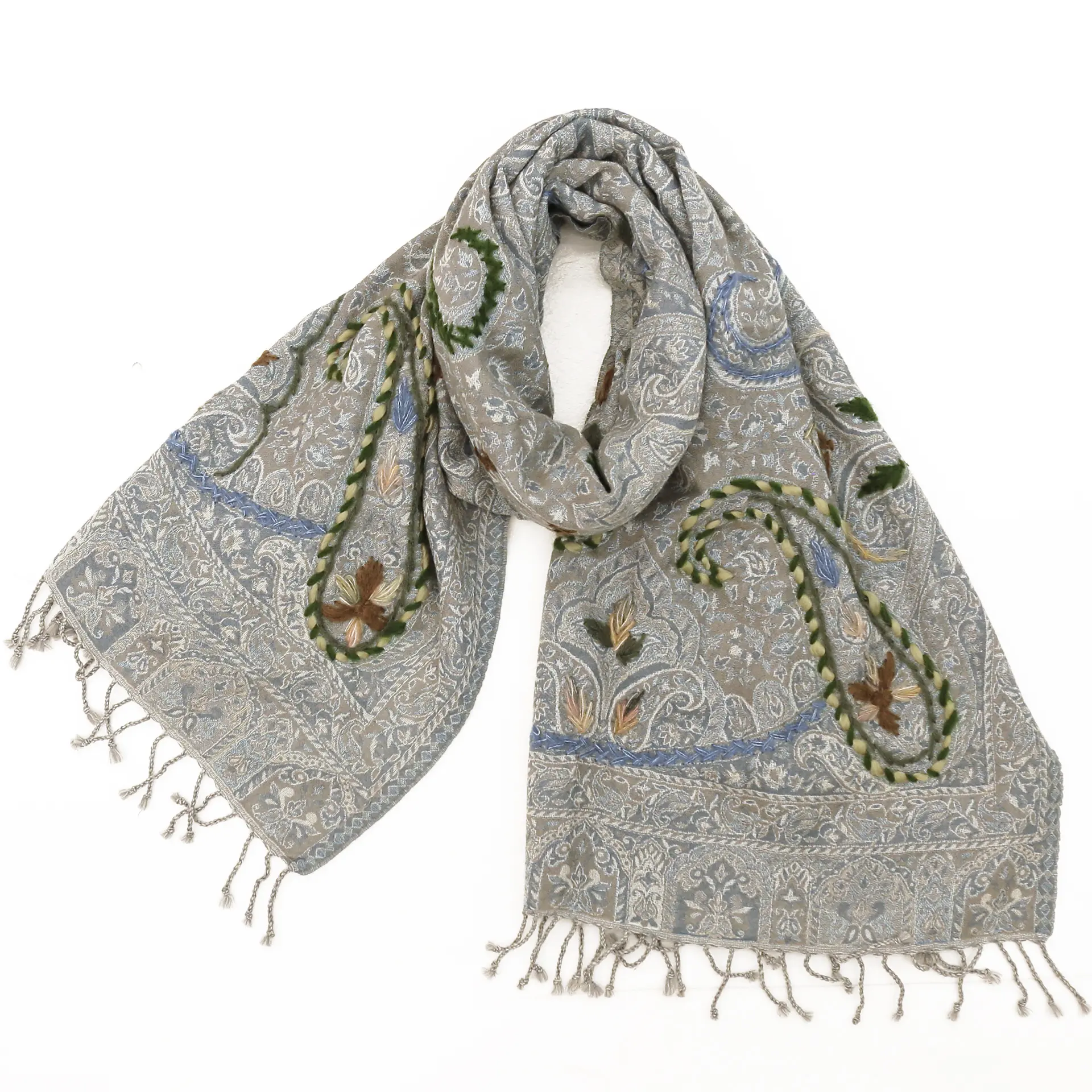 ウールストール/大判/厚手/刺繍/ペイズリー/灰色|ストール専門店