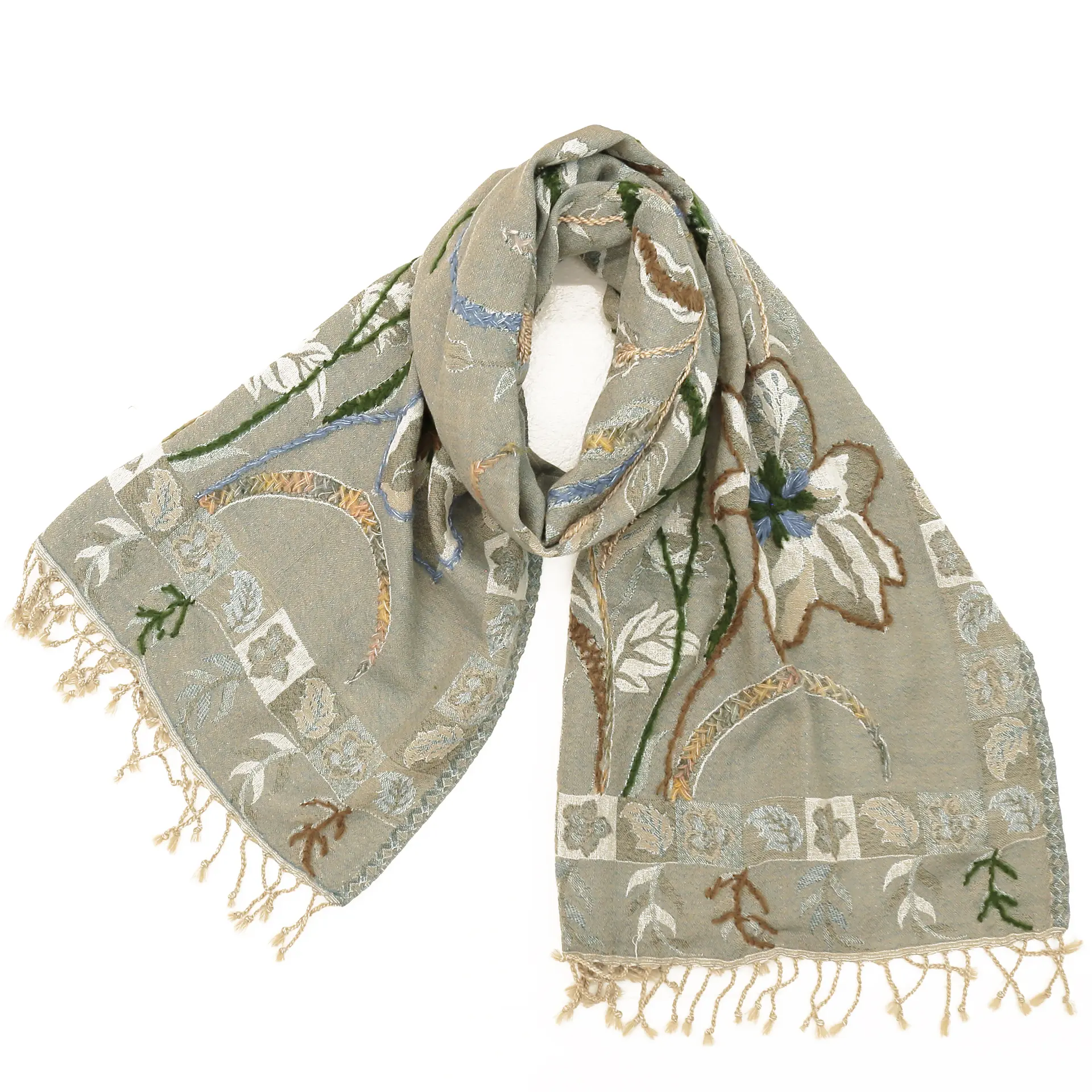 ウールストール/大判/厚手/刺繍/ペイズリー/緑|ストール専門店