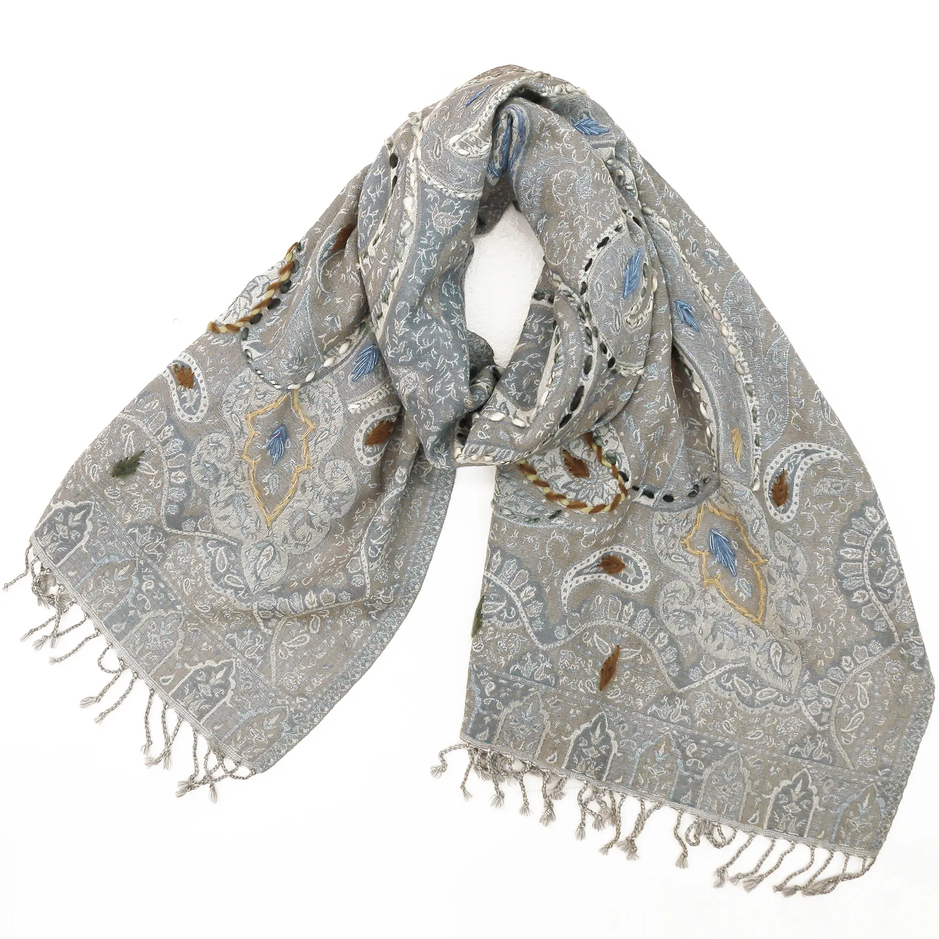 ウールショール/大判/厚手/刺繍/ペイズリー/灰|ストール専門店