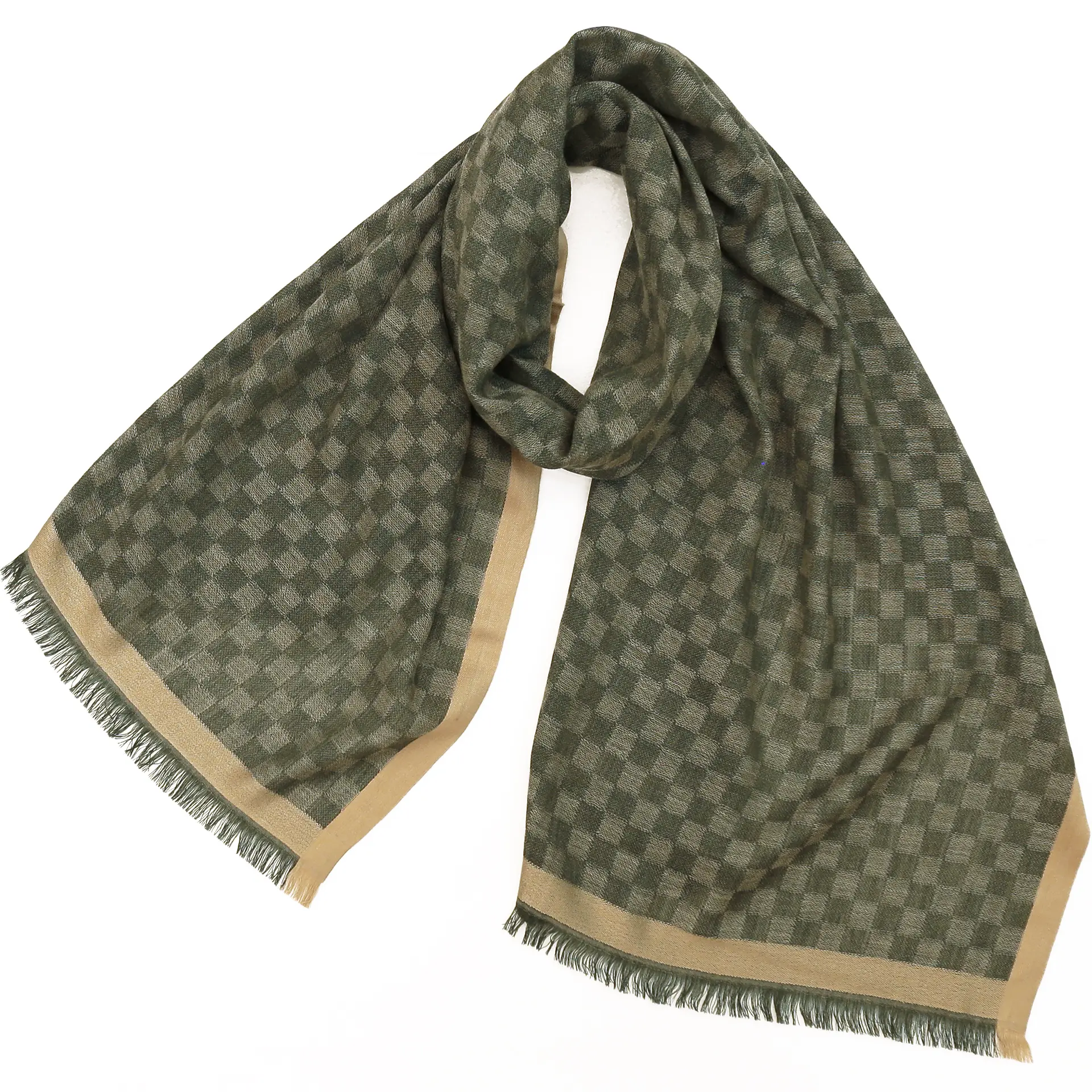 ウールシルクストール/大判/チェック柄/緑・金|ストール専門店